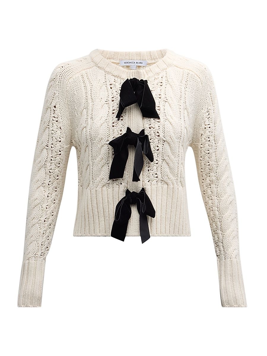 Women's Christina Cable-Knit Bow Wool Easy-Fit Sweater - Ivory - Size XS