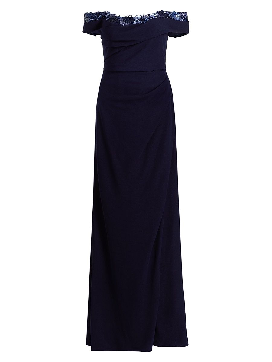 Women's Off-The-Shoulder Crepe Gown - Navy - Size 14