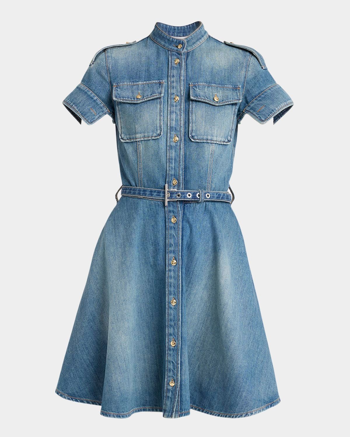 Short-Sleeve Belted Denim Mini Shirtdress