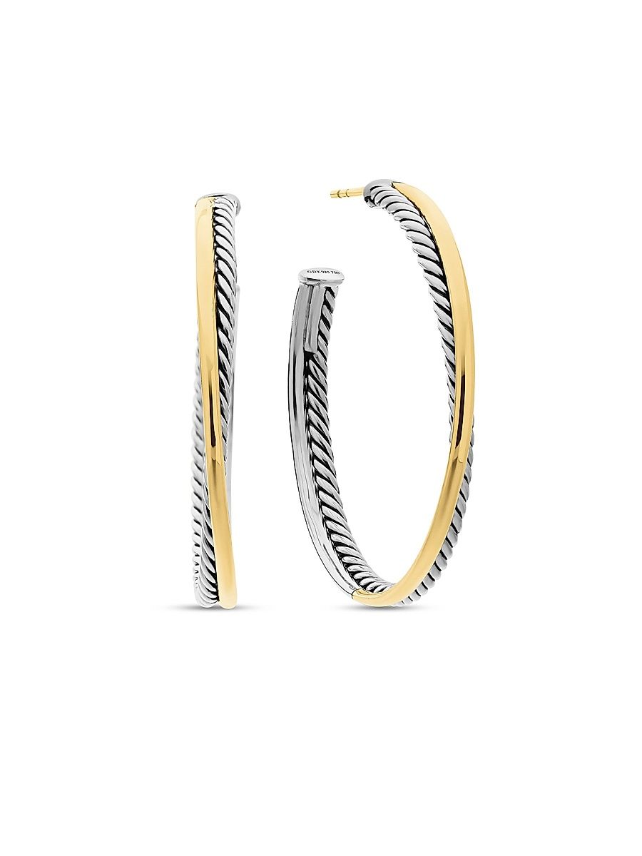 Women's Crossover Hoop Earrings in Sterling Silver with 18K Yellow Gold, 44mm - Silver