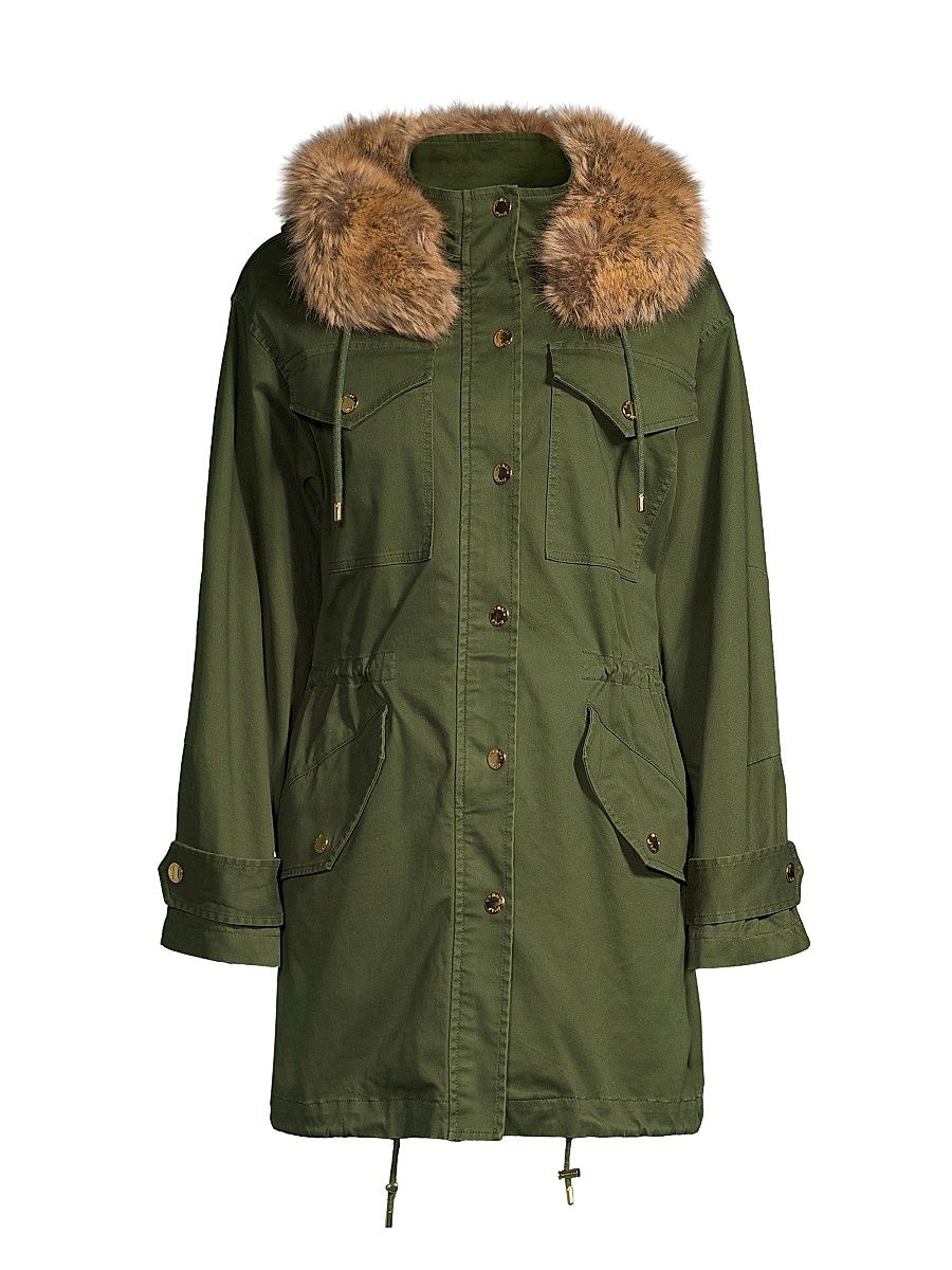 Women's Faux-Fur Collar Anorak Jacket - Jade - Size Medium