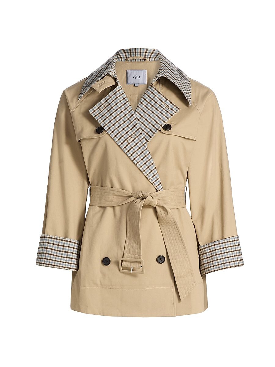 Women's Lucien Plaid-Trim Stretch-Cotton Crop Trench Coat - Sand - Size XL