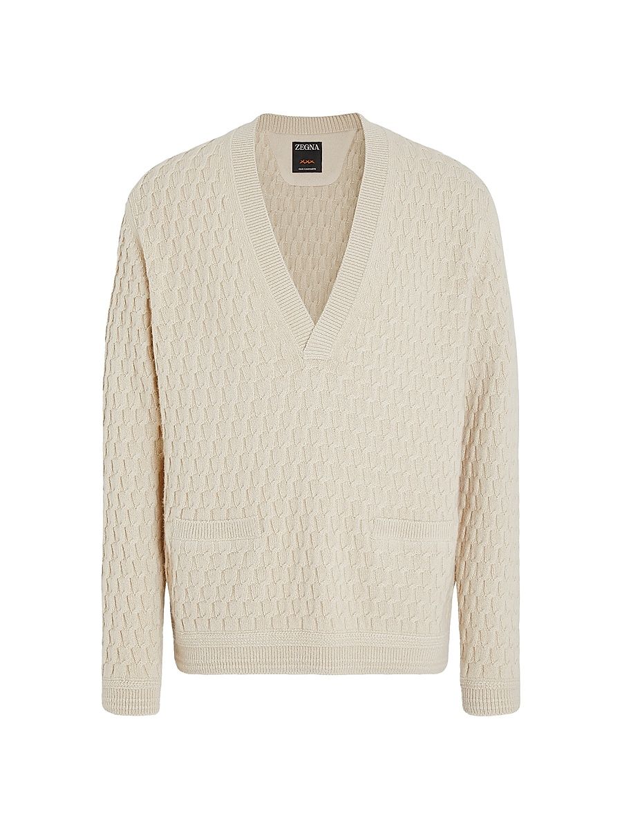 Men's Oasi Cashmere V-Neck Sweater - Light Beige - Size 40