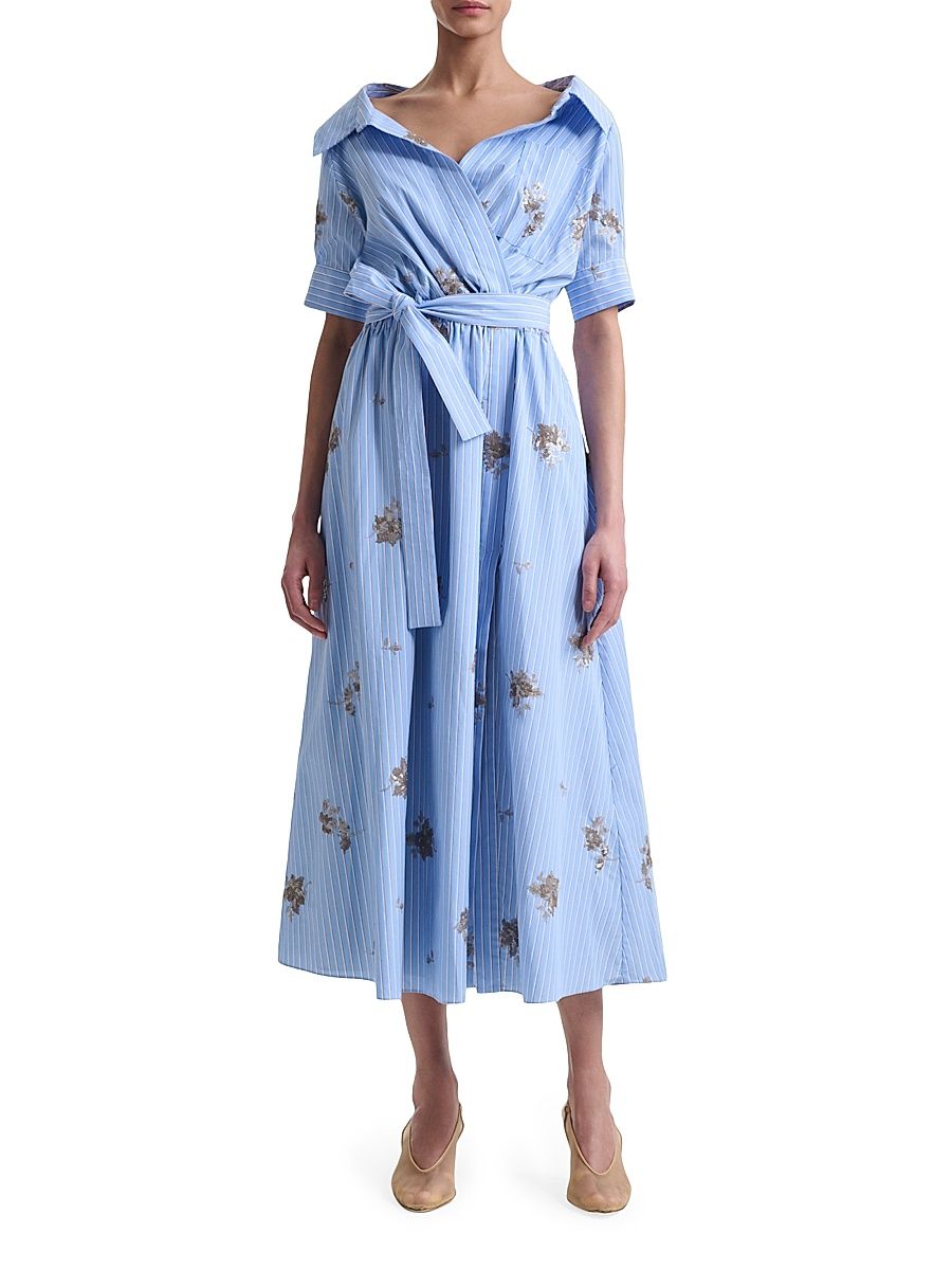 Women's Lydia Embellished Floral Striped Shirtdress - Danube Stripe - Size 12