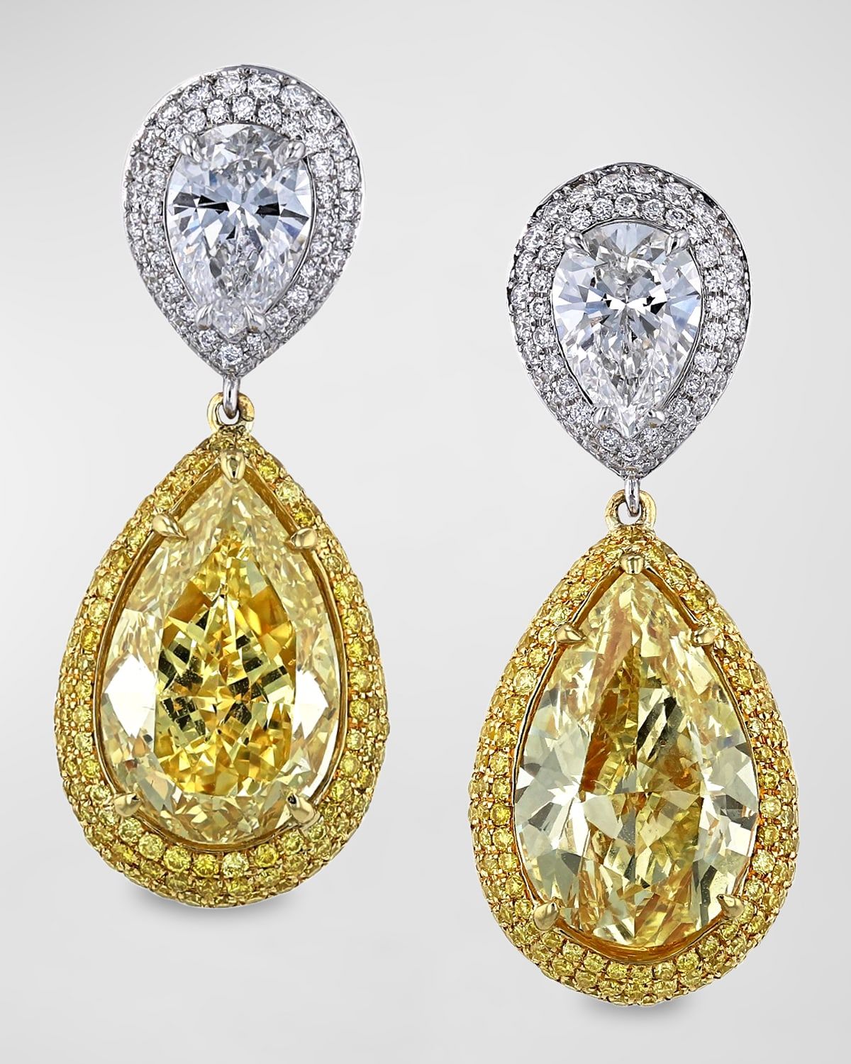 18K Yellow and White Gold Two-Tone Pear Diamond Drop Earrings, 15.73tcw, 1.32"L x 0.51"W