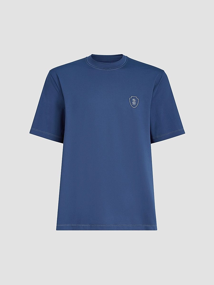 Brunello Cucinelli Men's Comfort Nylon Crewneck T-Shirt with Logo - Avio Blue - Size Small