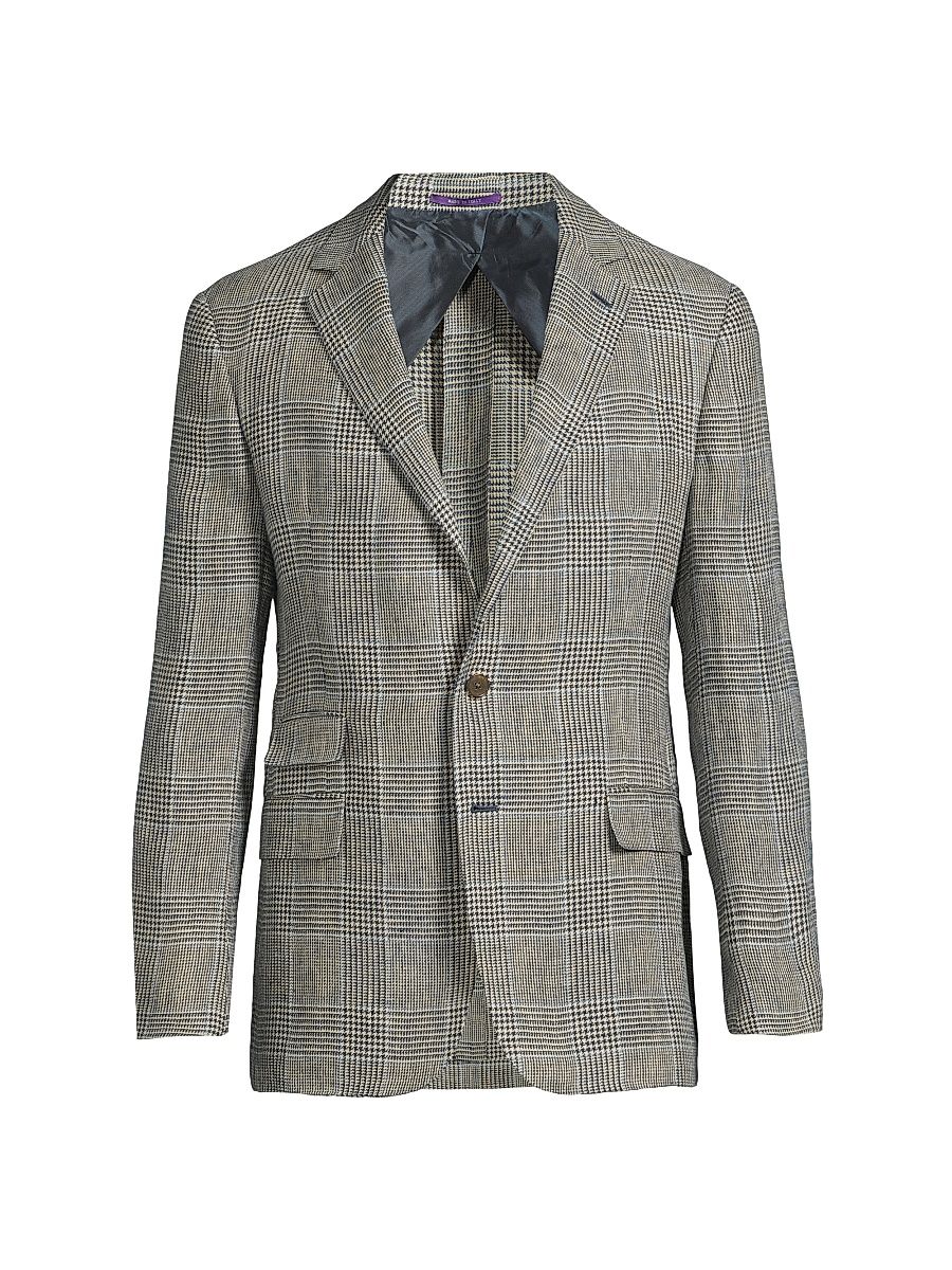 Men's Kent Hand-Tailored Plaid Linen Jacket - Navy Cream - Size 40