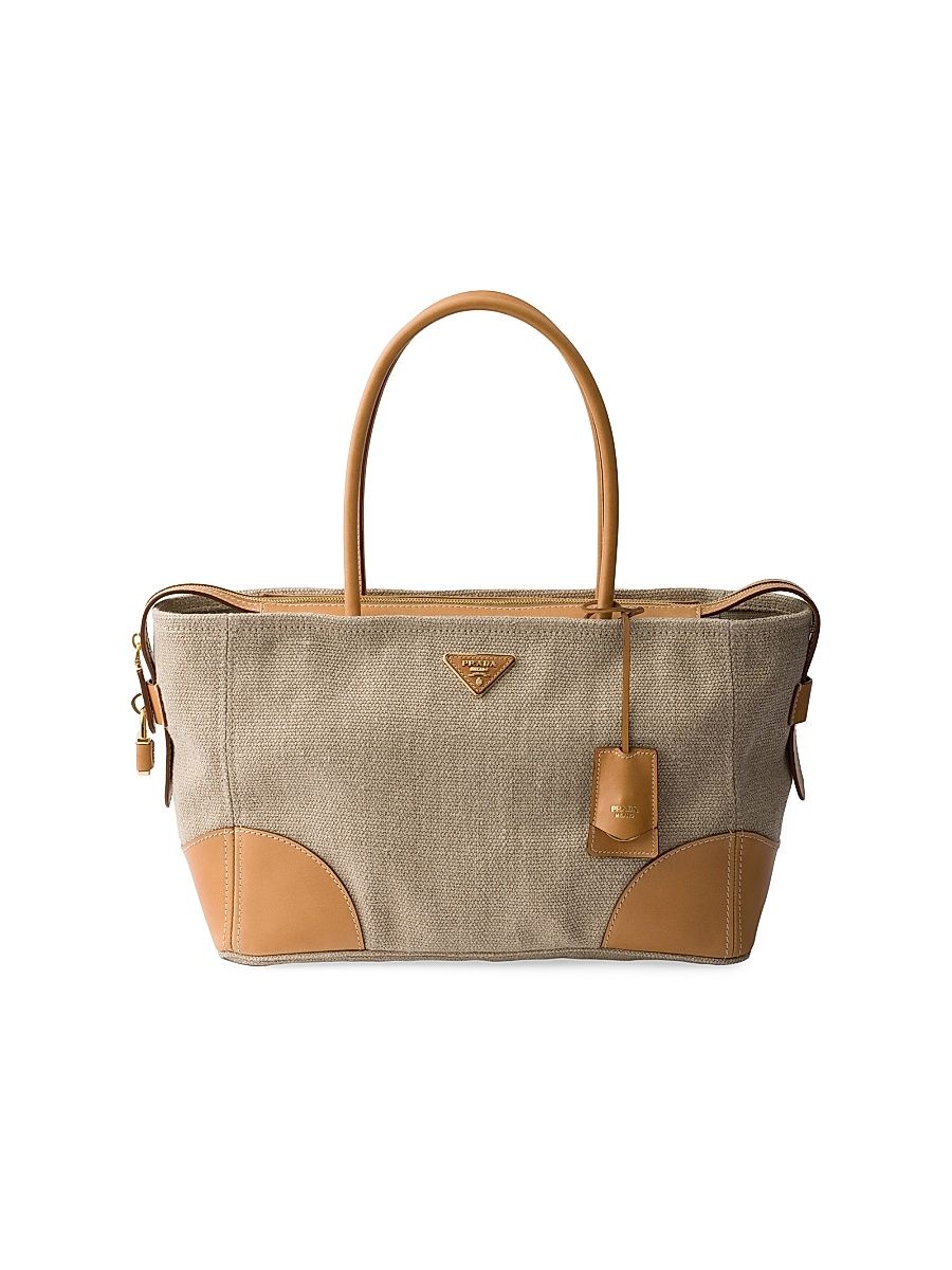 Women's Large Linen and Leather Tote Bag - Beige Khaki