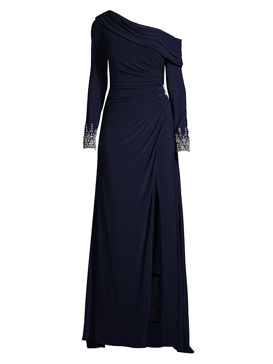 Women's One-Shoulder Jersey Ruched Side Slit Gown - Midnight - Size 16
