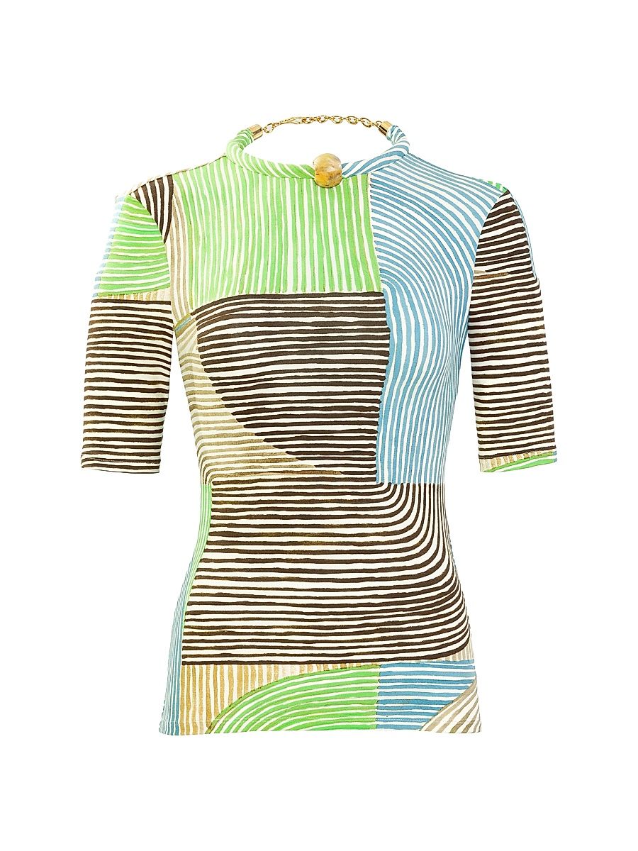 Women's Varinia Printed Necklace-Collar T-Shirt - Abstract Green Print - Size XS