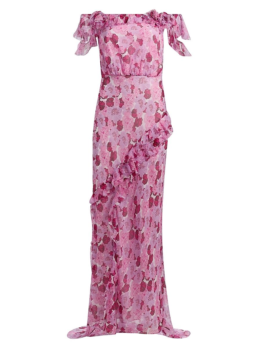 Women's Nina Floral Silk Off-The-Shoulder Maxi Dress - Windflower Rose - Size 8