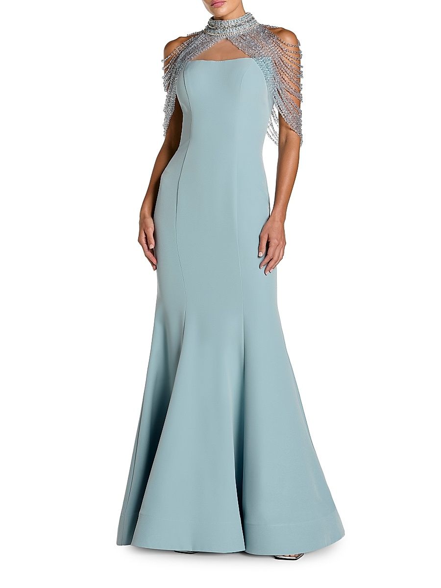 Women's Beaded Capelet Crepe Mermaid Gown - French Blue - Size 12