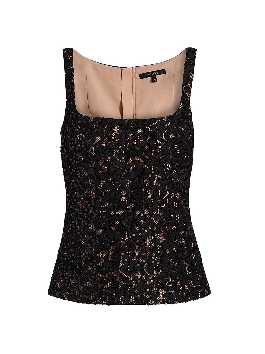 Women's Bibi Sequined Cotton-Blend Lace Tank - Jet - Size 14