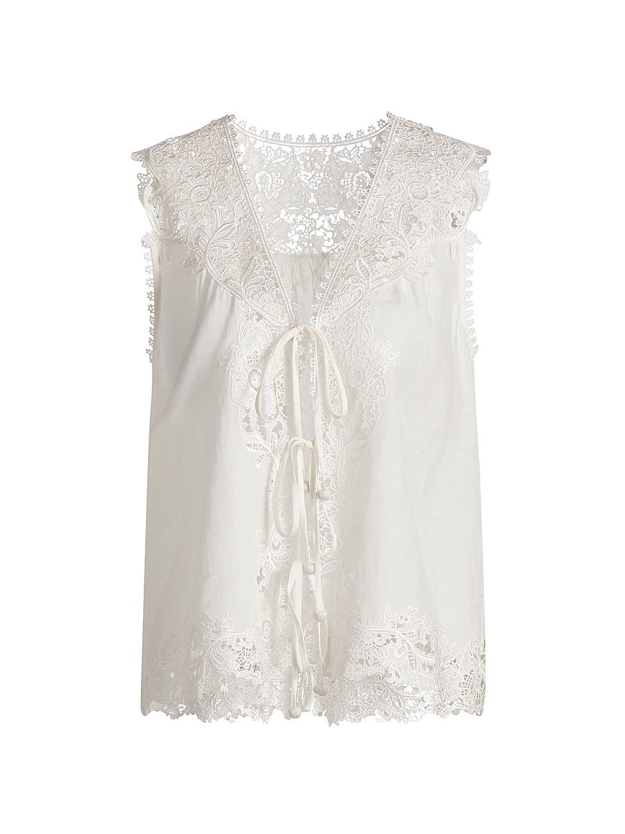 Women's Bianca Lace-Trim Sleeveless Linen-Blend Blouse - Ivory - Size XXL