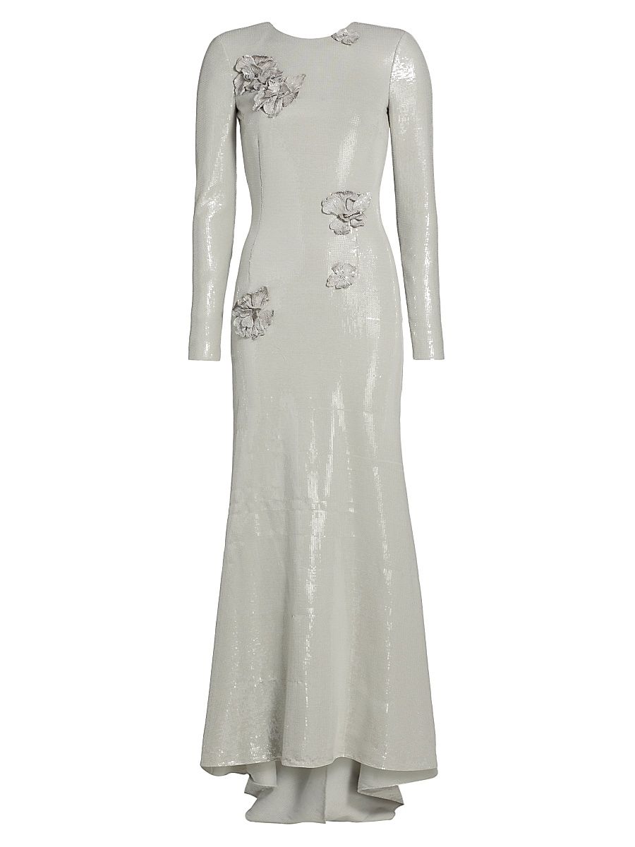 Women's Embellished Sequin Cherry Blossom Trumpet-Hem Gown - Pewter - Size 12