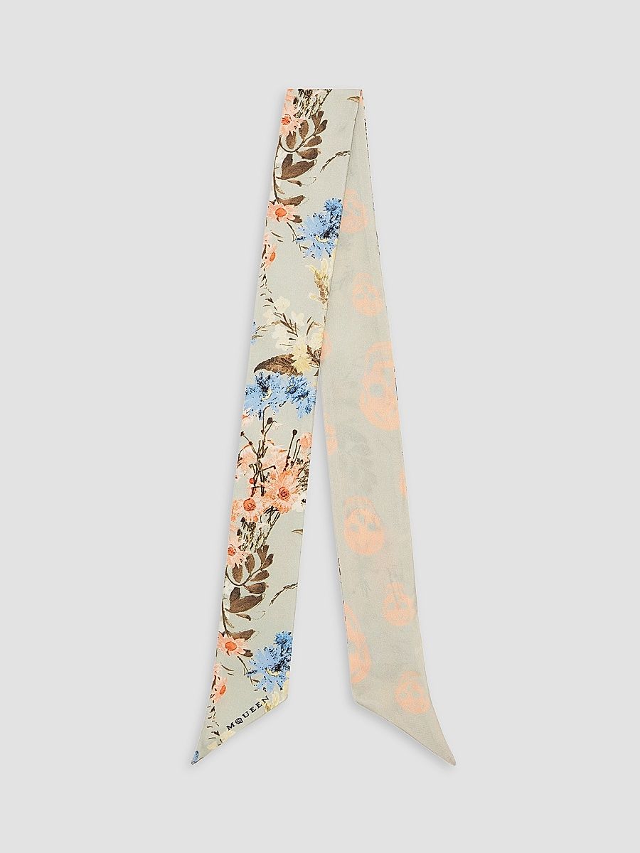 Women's Floral Skull Silk Twill Ribbon Scarf - Pistachio Pink