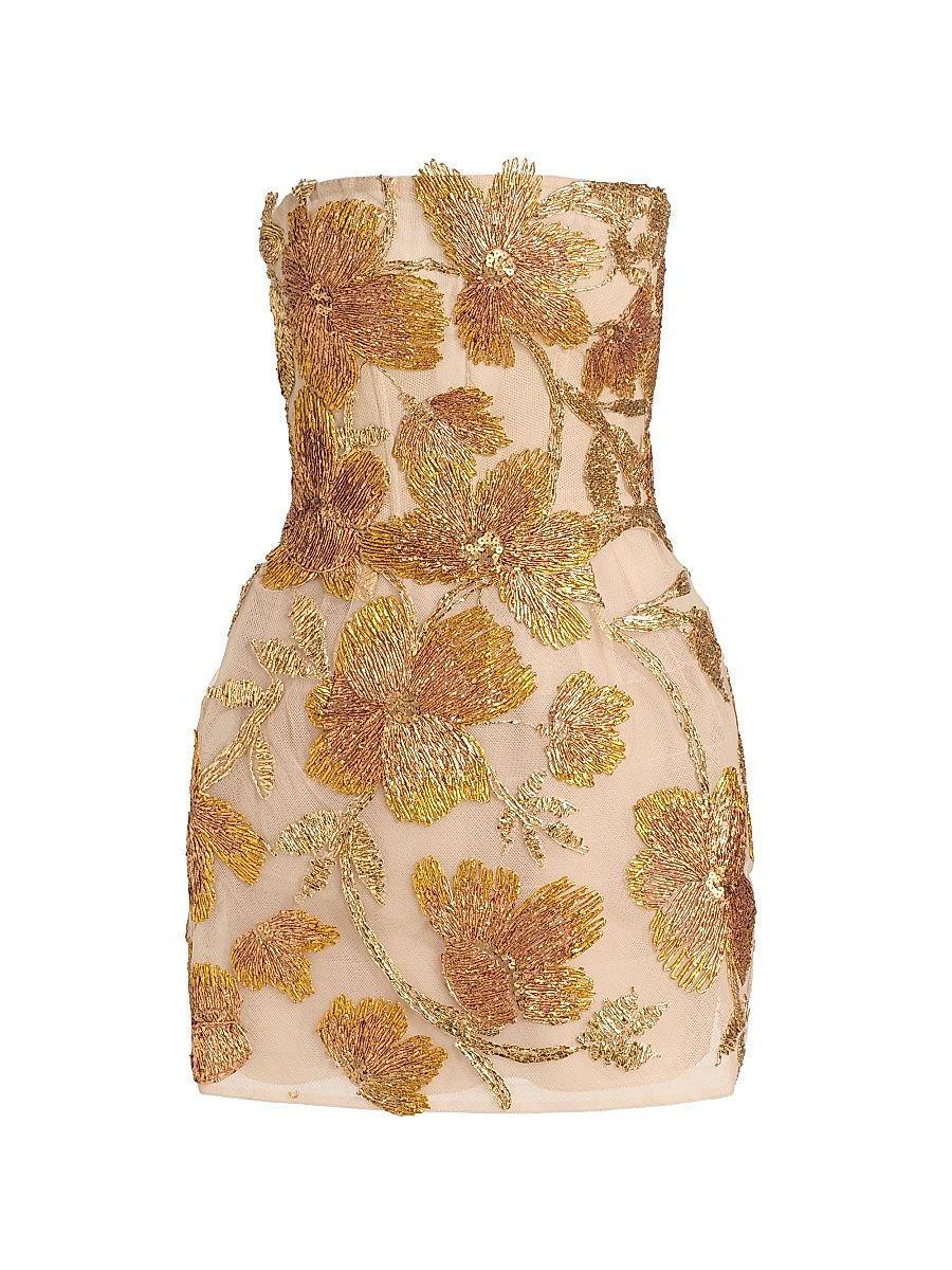 Women's Raffia Threaded Floral Cocktail Minidress - Gold Multi - Size 6