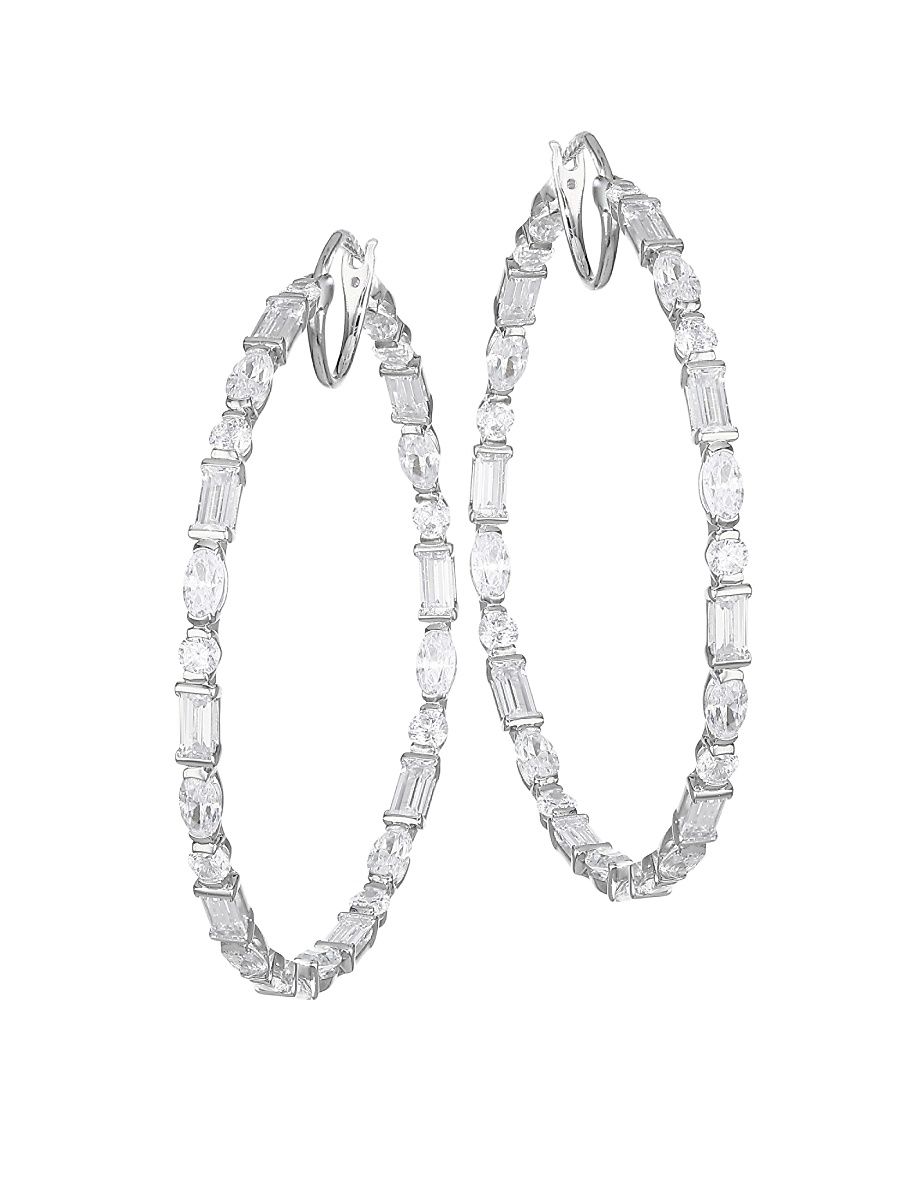 Women's Large Mixed-Shape Cubic Zirconia Hoop Earrings - Rhodium