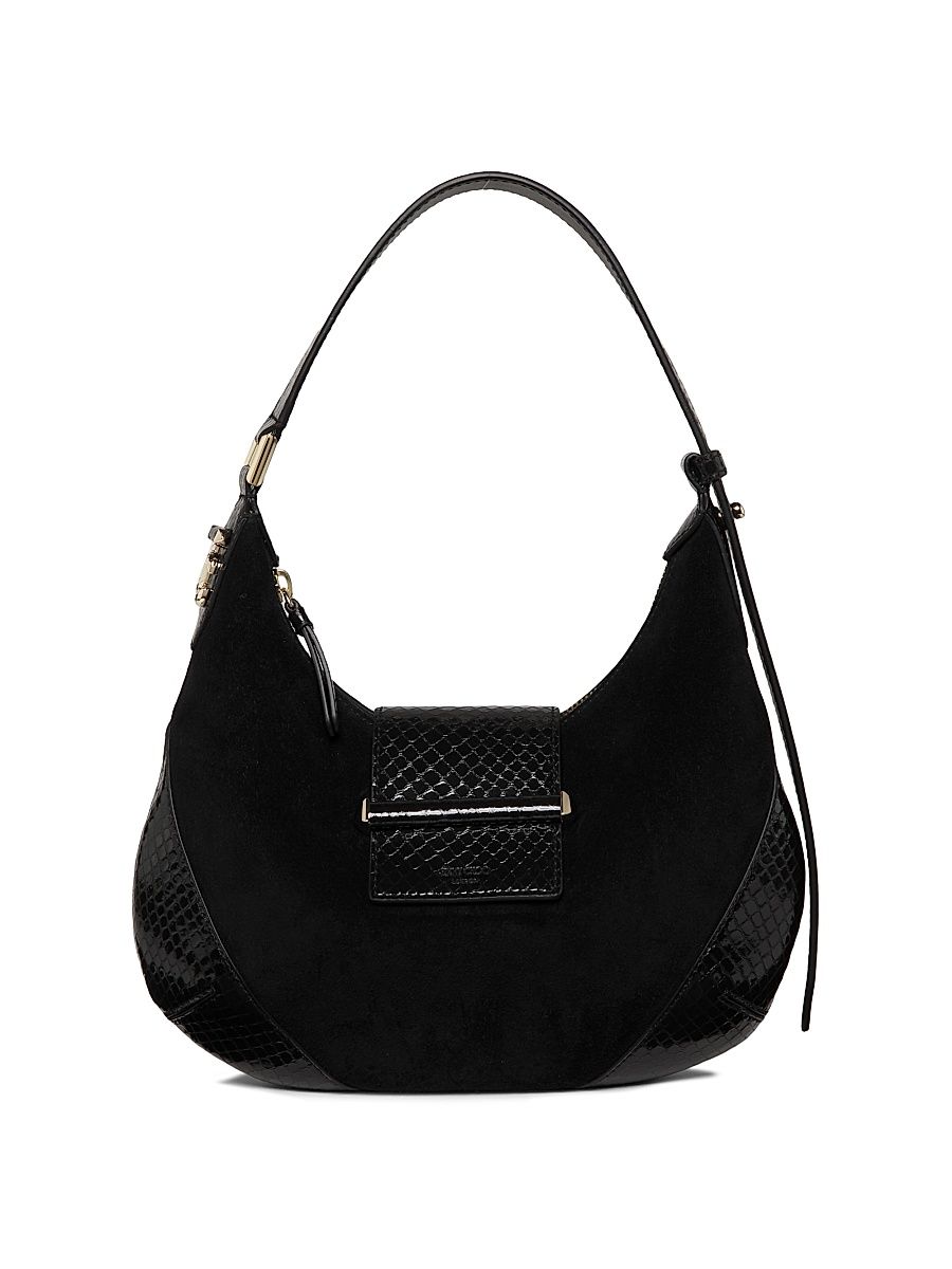 Women's Bar Snakeskin-Embossed Leather & Suede Hobo Bag - Black Shiny Gold