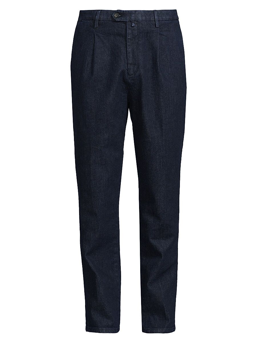 Men's Stretch Cotton Denim Pleated Trousers - Dark Blue - Size 30
