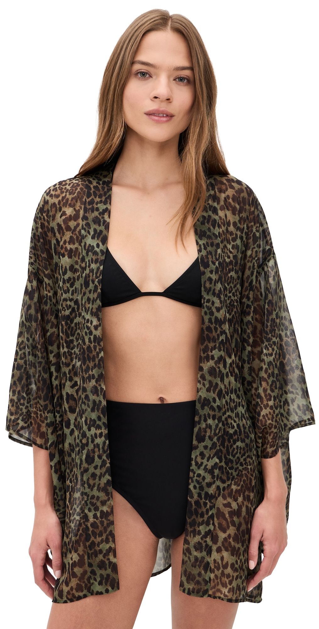Nili Lotan Kima Kimono Army Green Leopard One Size