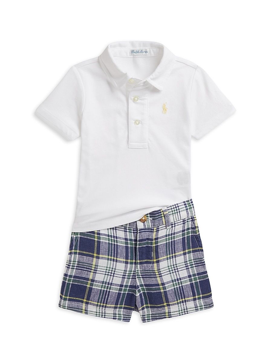 Baby Boy's Cotton Polo Shirt & Plaid Linen Shorts Set - White - Size 12 Months