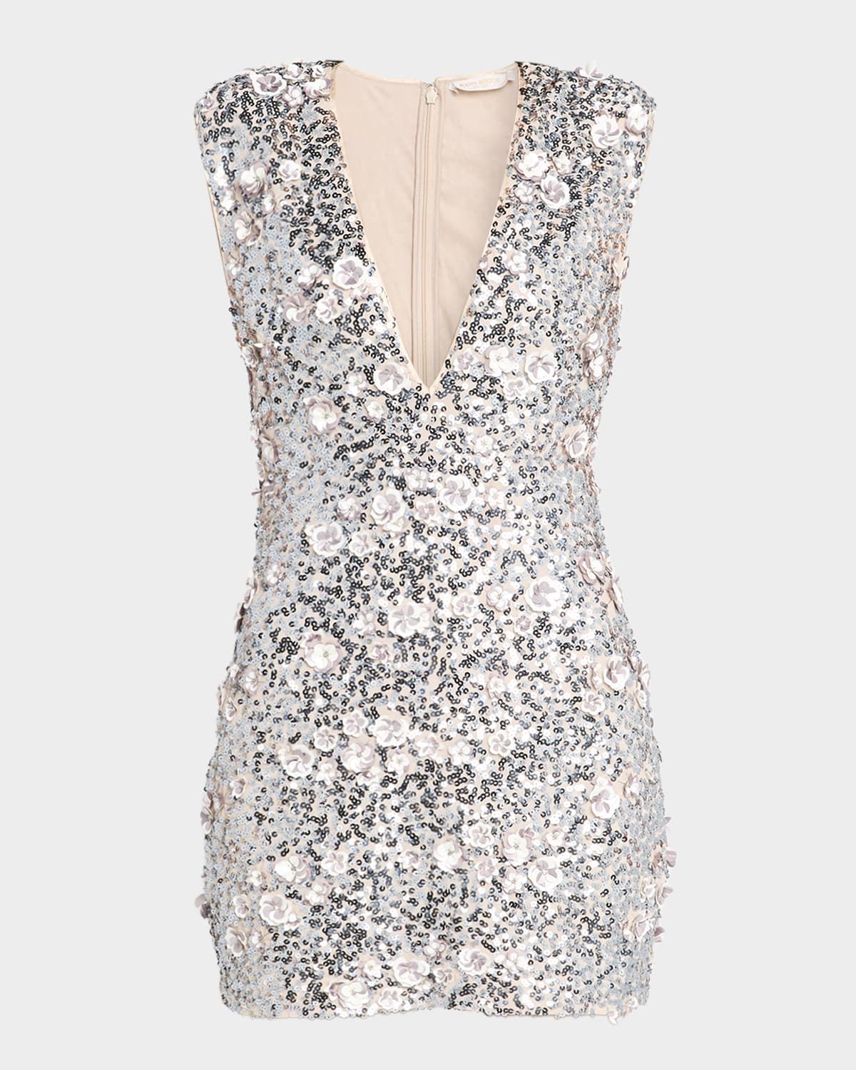 Rosette Floral Sequin Deep V-Neck Mini Dress