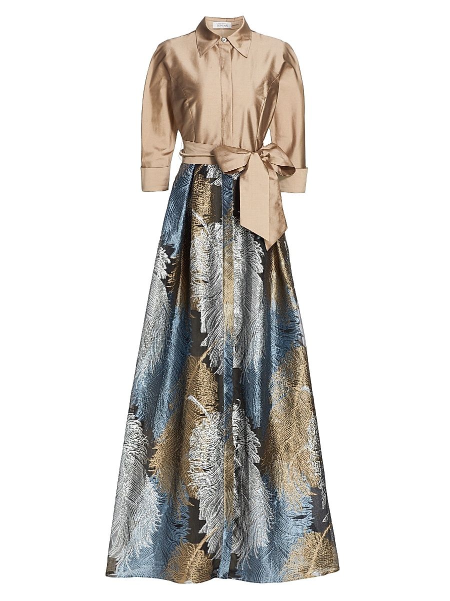 Women's Two-Tone Feather Jacquard Shirt Gown - Gold Multi - Size 12