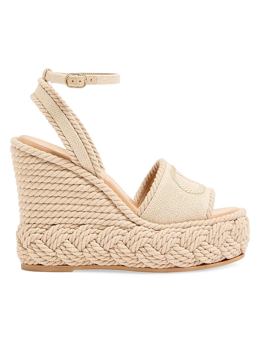 Women's VLogo 130MM Torchon Wedge Sandals in Linen Canvas - Ecru - Size 12