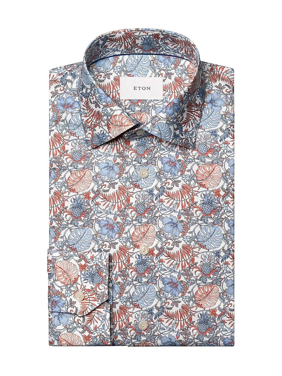 Men's Slim-Fit Floral Twill Shirt - Red - Size 15.5