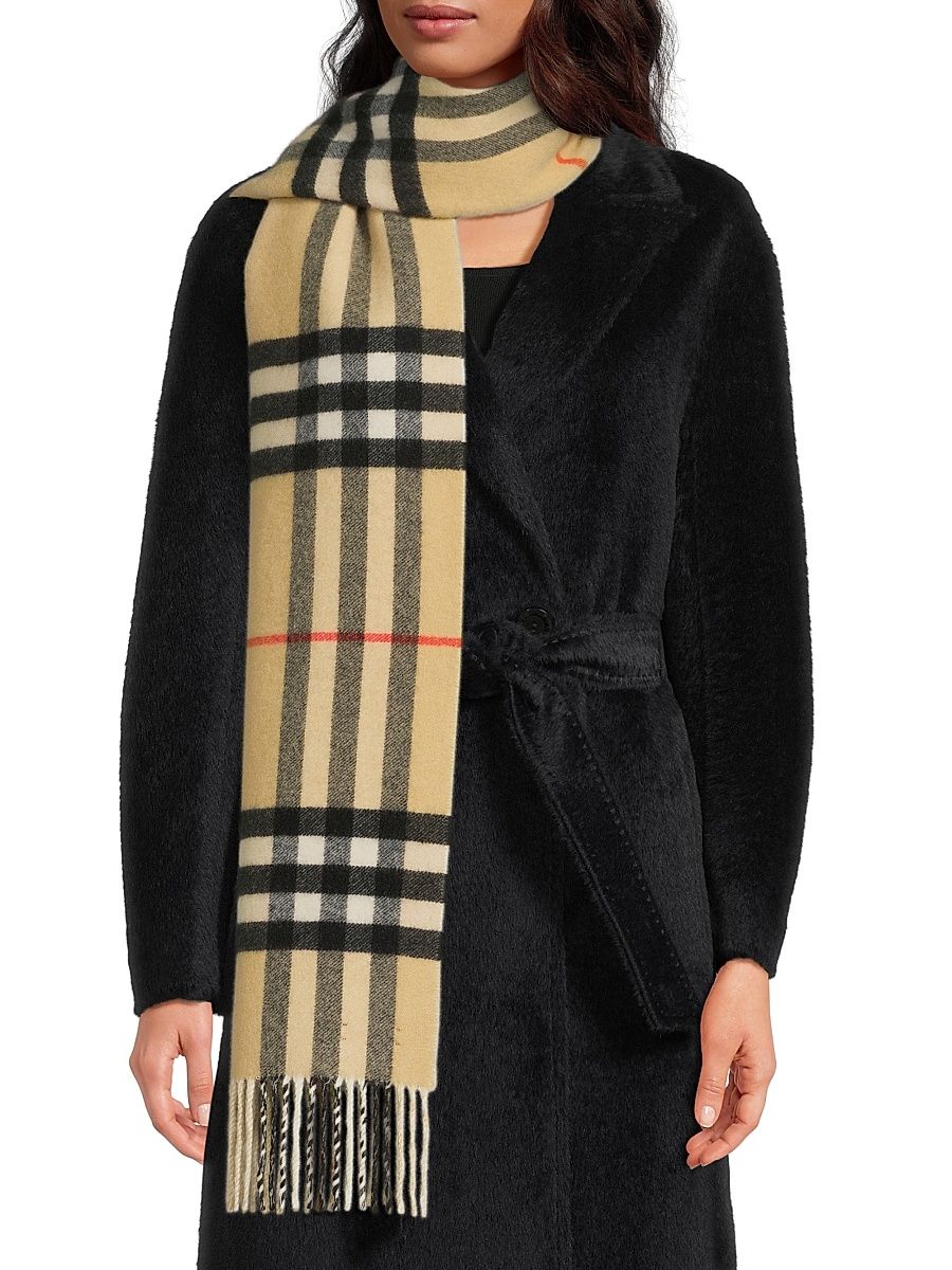 Women's Double Check Cashmere Scarf - Sand Pebble White