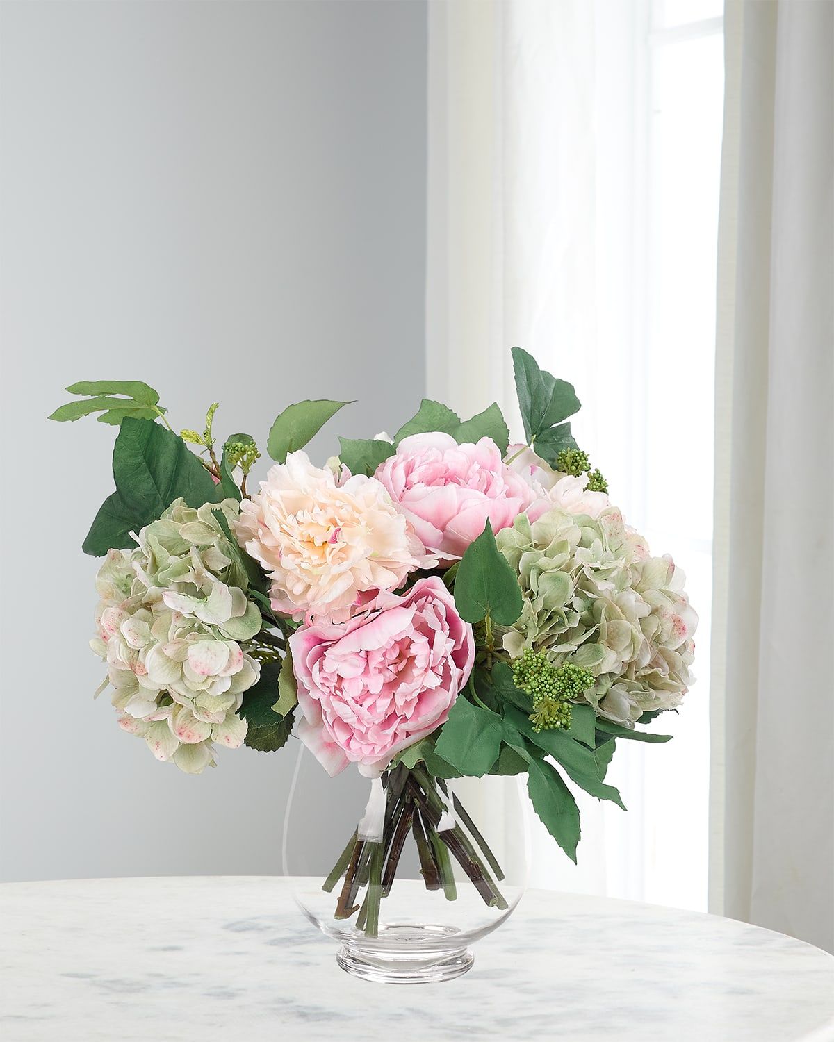 Faux Peony and Hydrangea Arrangement in Glass Planter