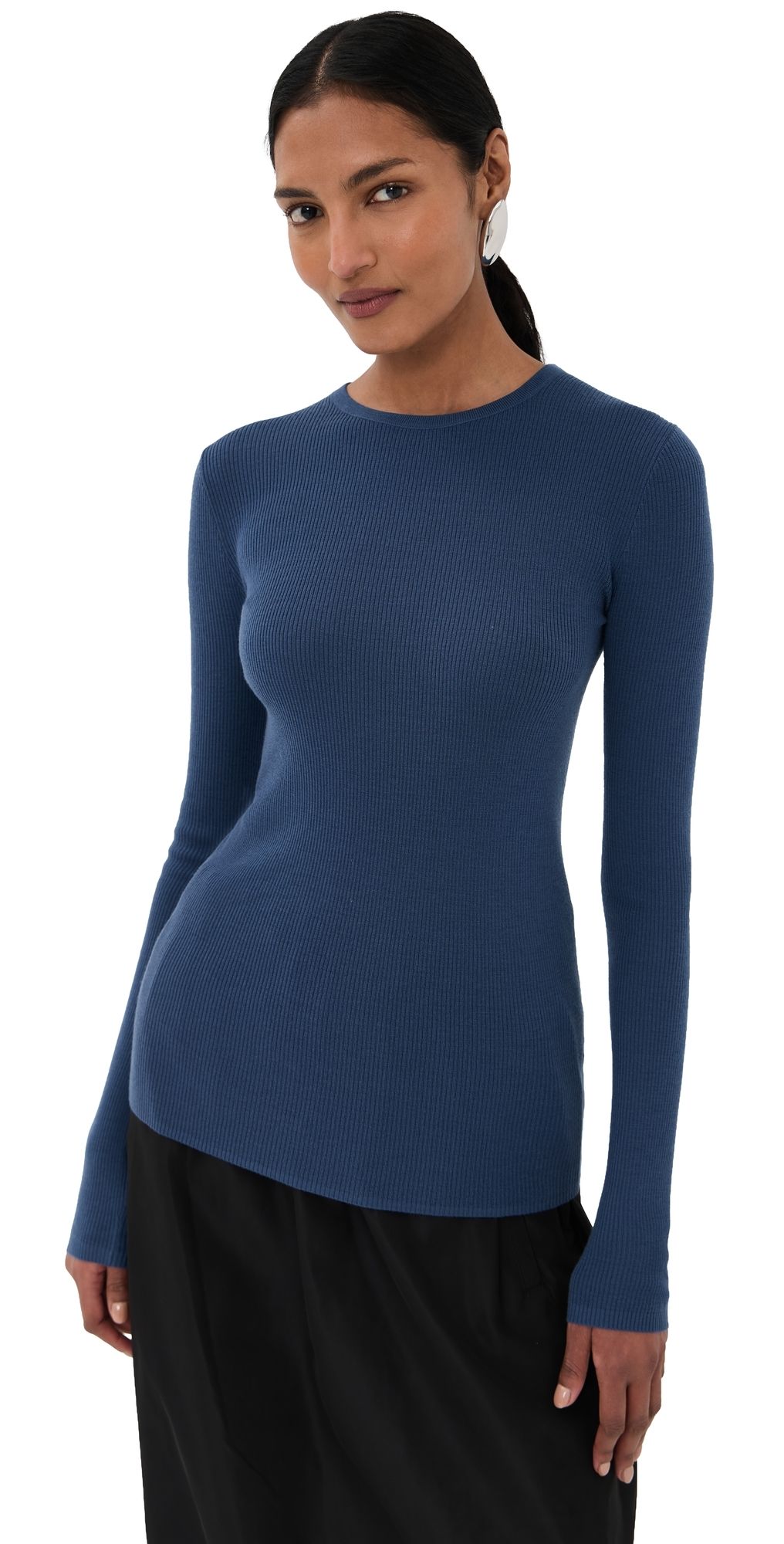 Tibi Feather Weight Ribbed Crewneck Pullover Sweater Seal Blue XS