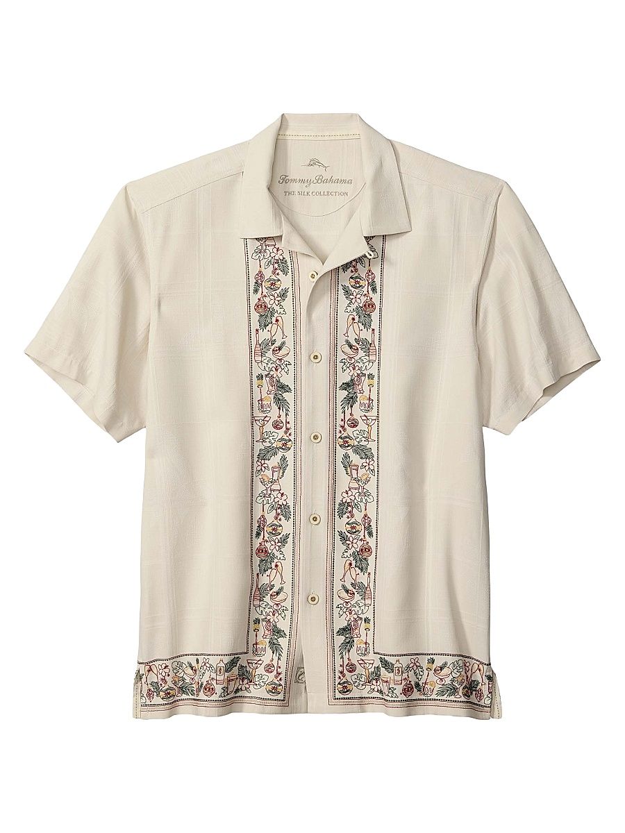 Men's Holiday in Paradise Embroidered Silk Shirt - Moonbeam - Size XL