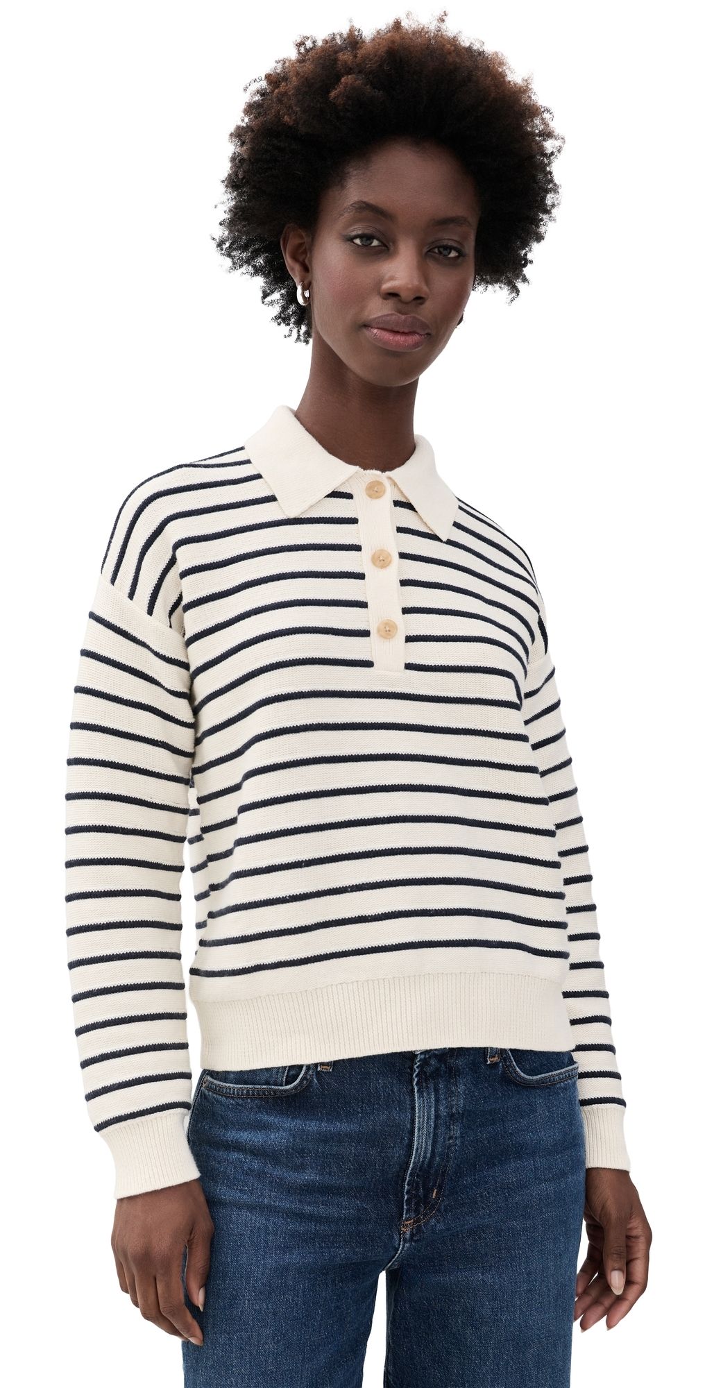 Marine Layer Mid Gauge Rugby Polo Pullover Antique White/Navy Stripe XS