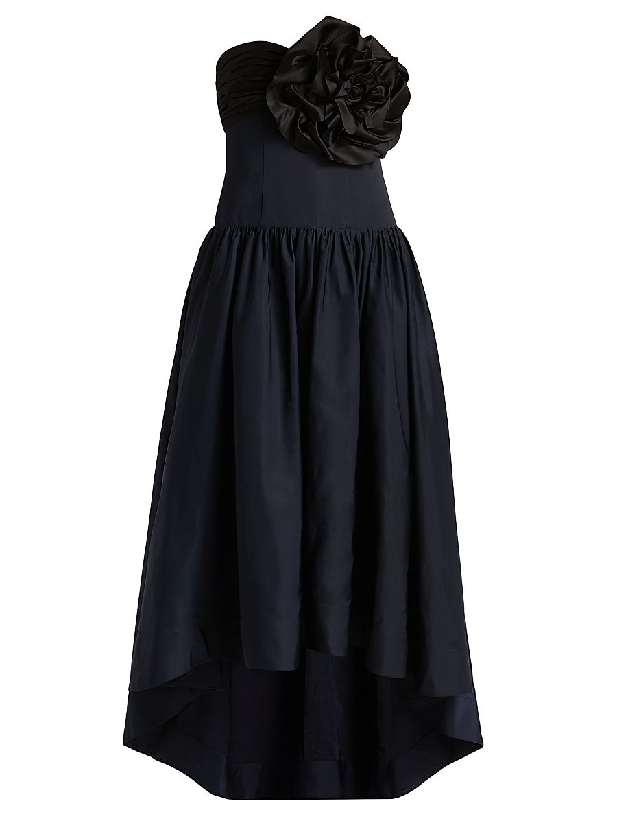 Women's Floral-Appliqué Strapless High-Low Gown - Black Sky Captain Combo - Size 8