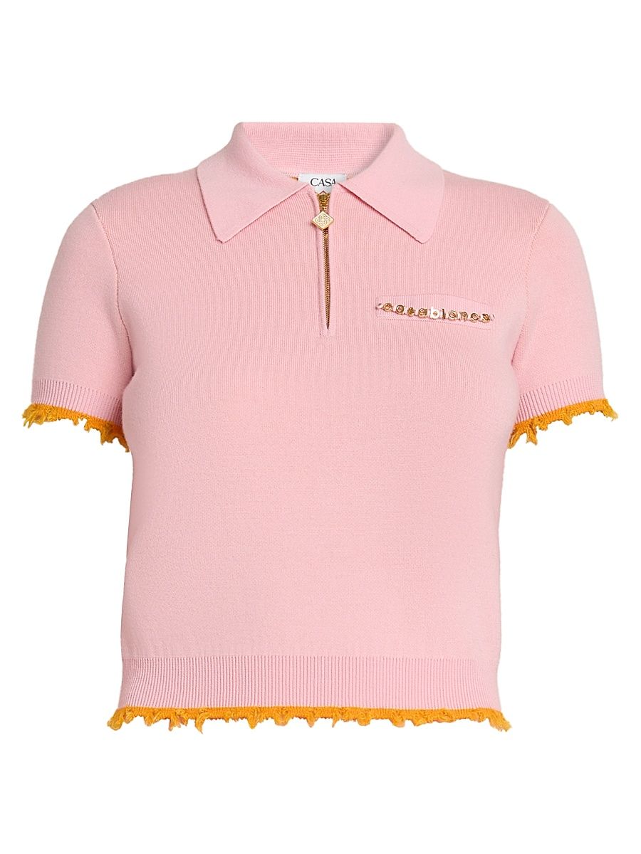 Women's Crochet-Trimmed Wool-Blend Polo Top - Pink - Size XL