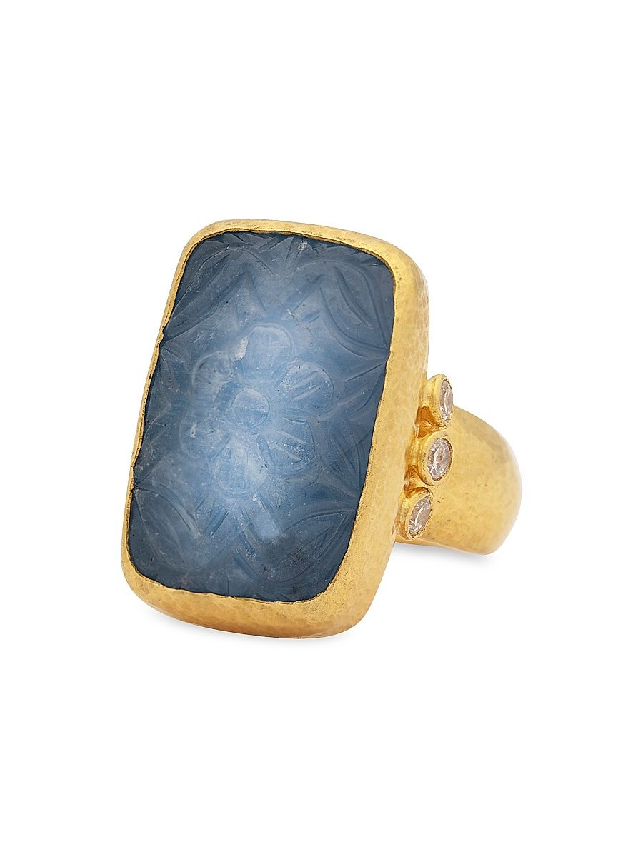 Women's Rune 24K Yellow Gold, Aquamarine, & Diamond Ring - Yellow Gold - Size 7