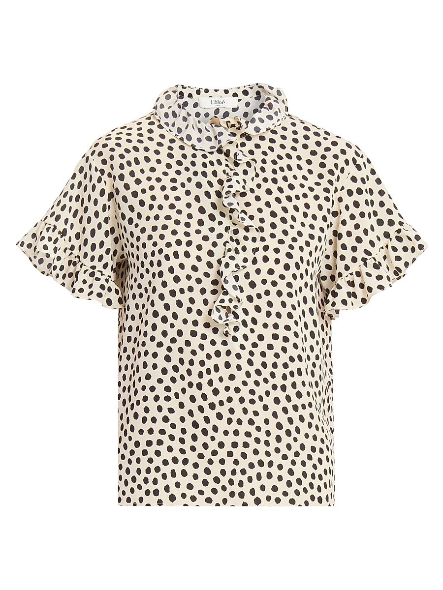 Women's Dot Ruffle Silk Blouse - Beige Black - Size 4