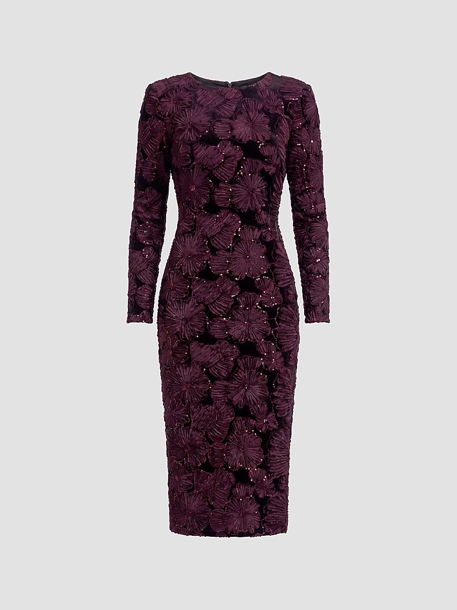 Women's Emmalyn Sequin Floral-Appliqué Body-Con Midi Dress - Burgundy Black - Size Small