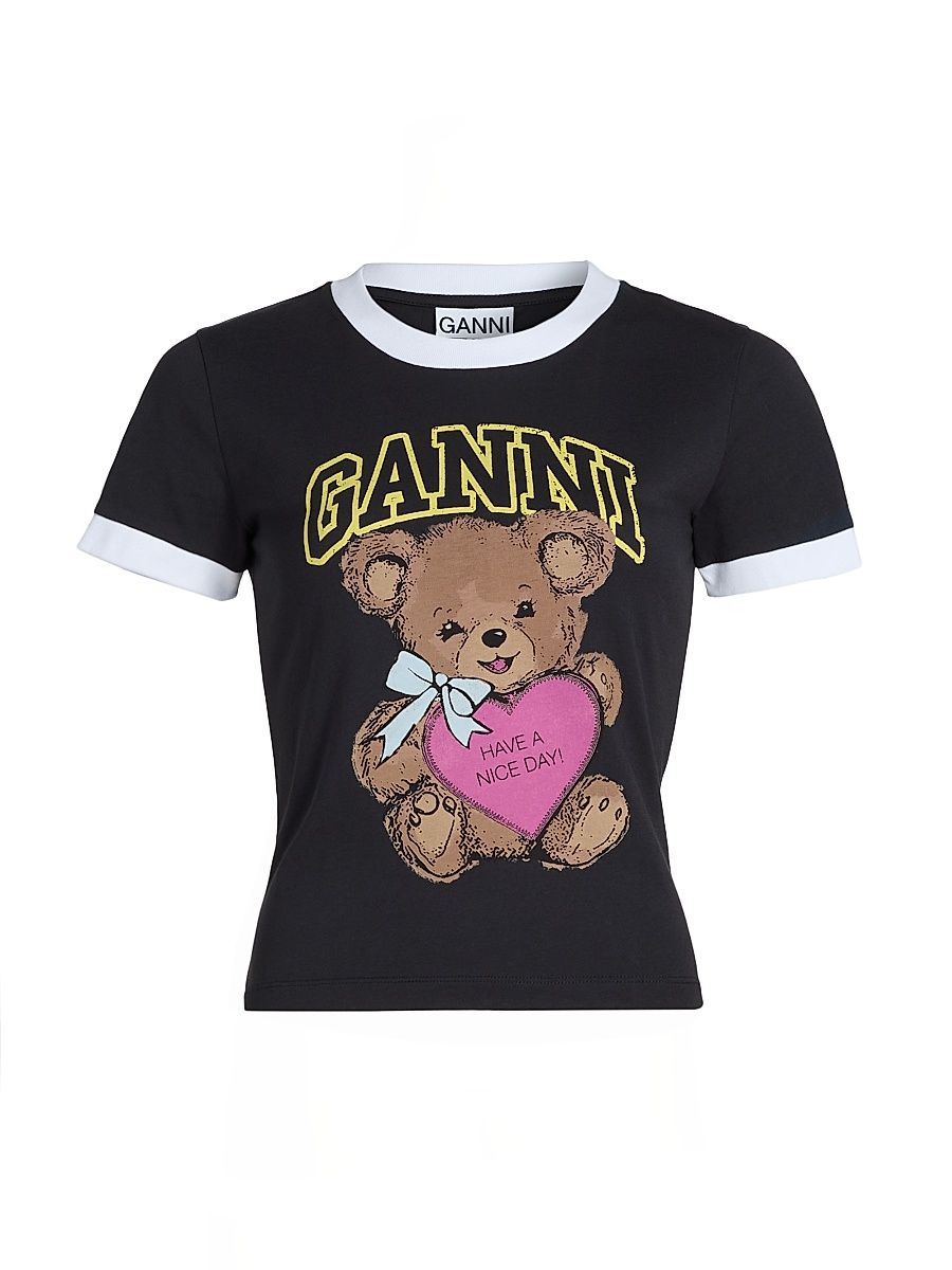 Women's Basic Bear Graphic Ringer T-Shirt - Black - Size Large