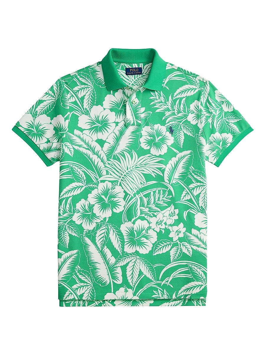 Men's Tropical-Print Mesh-Knit Cotton Polo Shirt - Sweet Heart Floral Biscay Green - Size Large