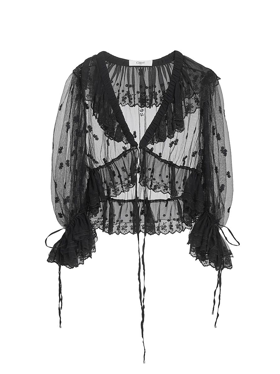 Women's Ruffled Sheer Lace Top - Black - Size 10