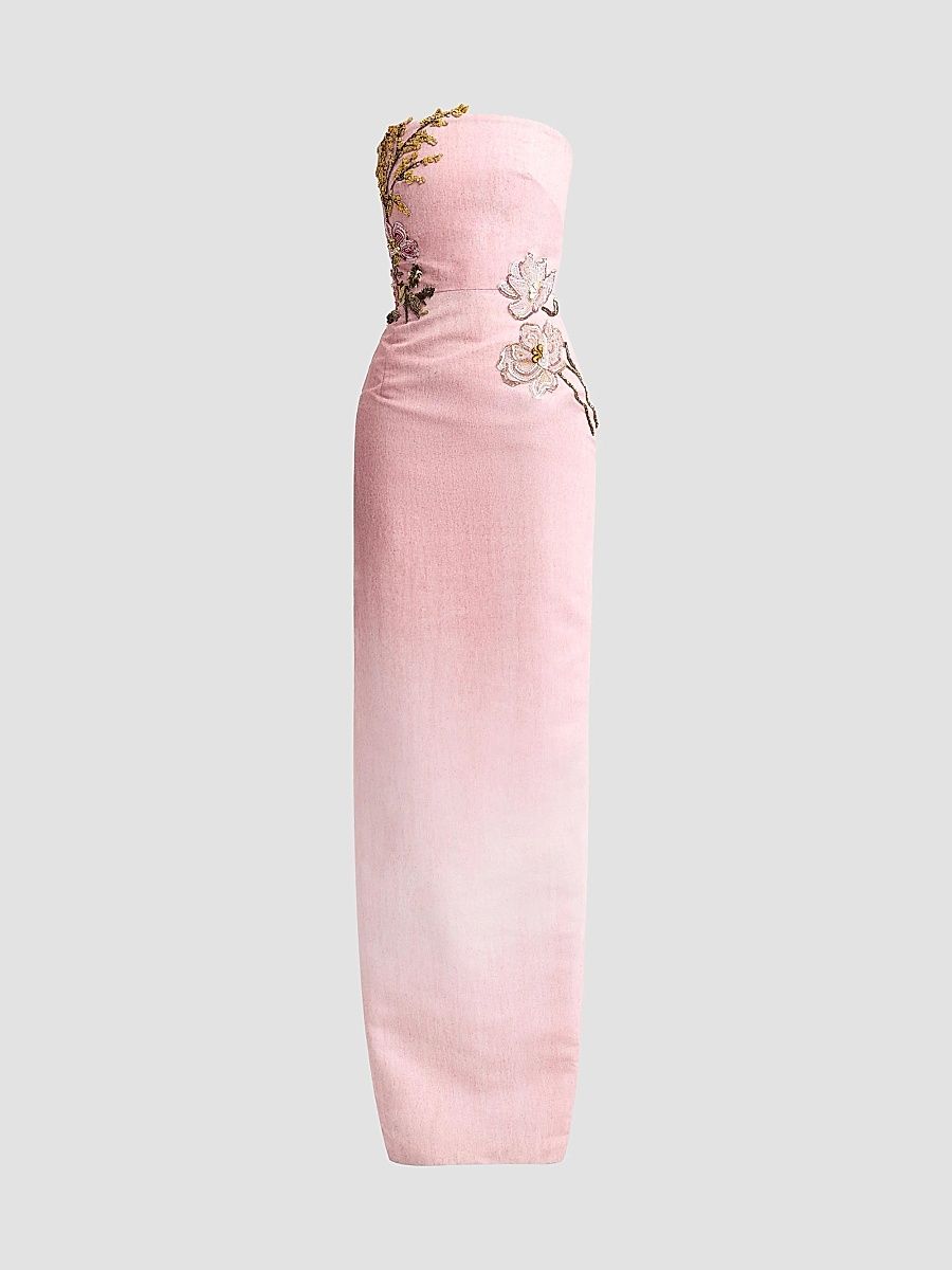 Women's Strapless Faille Beaded Florals Gown - Blush - Size 10