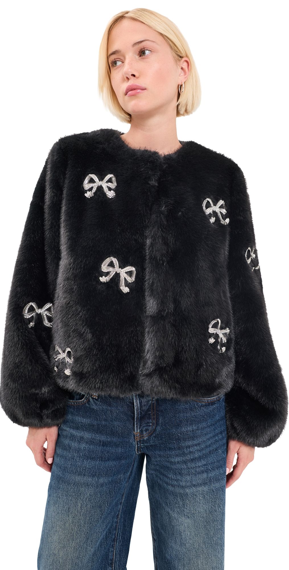 Cinq à Sept Rhinestone Bow Faux Mink Benson Coat Black S