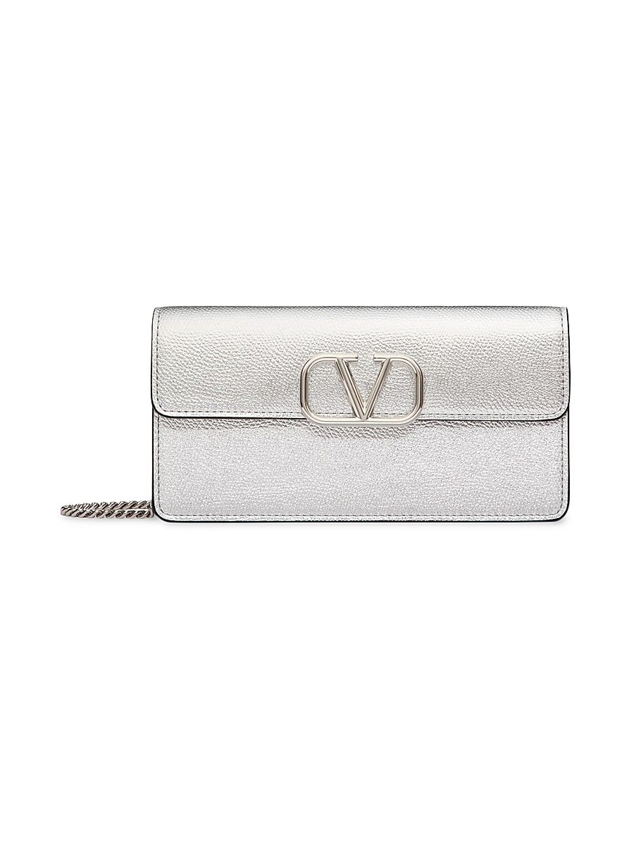Women's VLogo Signature Metallic Grainy Calfskin Wallet with Chain - Silver