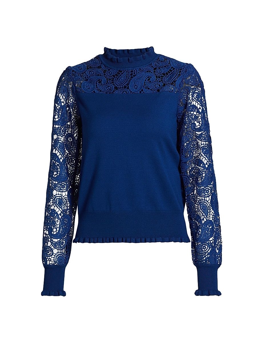 Women's Felicity Crochet Mock-Turtleneck Sweater - Daphne Blue - Size Small