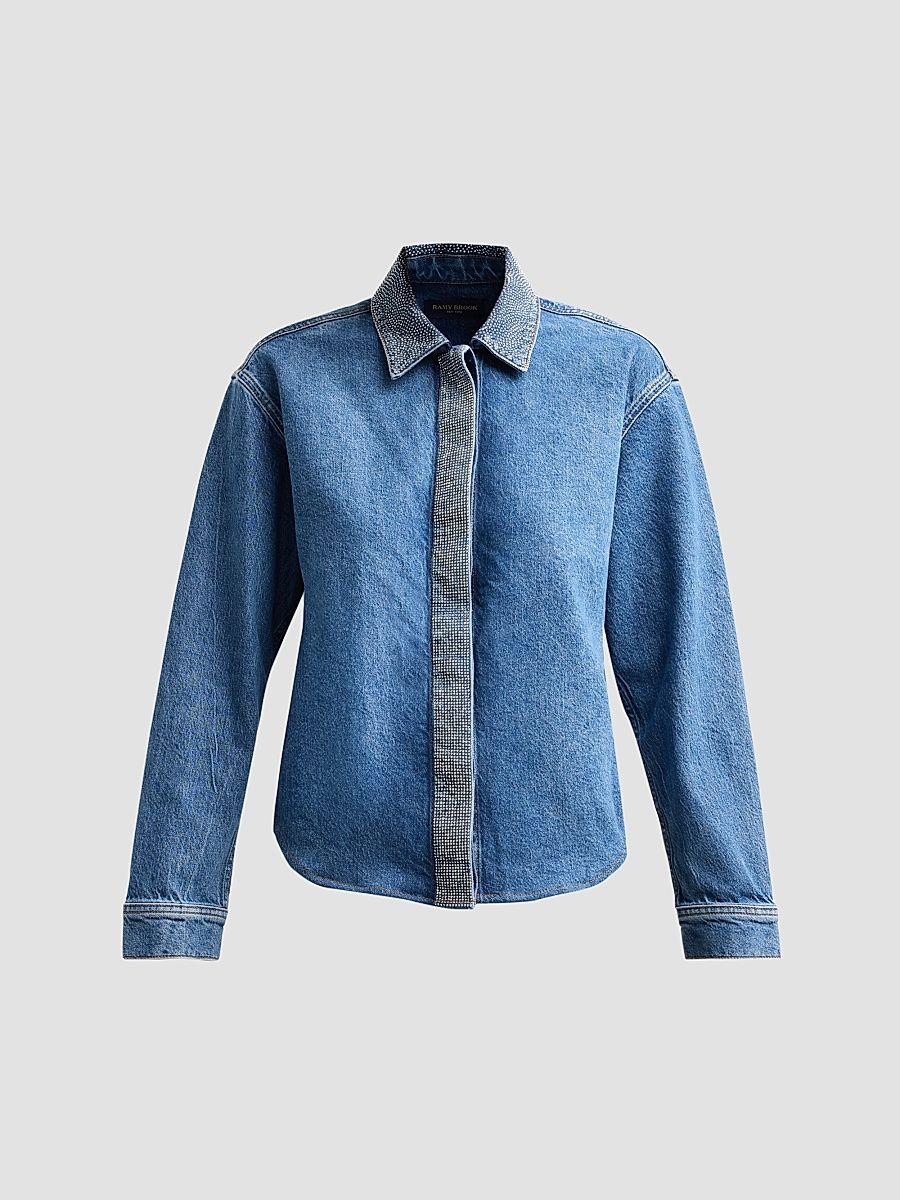 Women's Alison Rhinestone-Trim Denim Shirt - Rhinestone Mid Cerulean - Size Medium