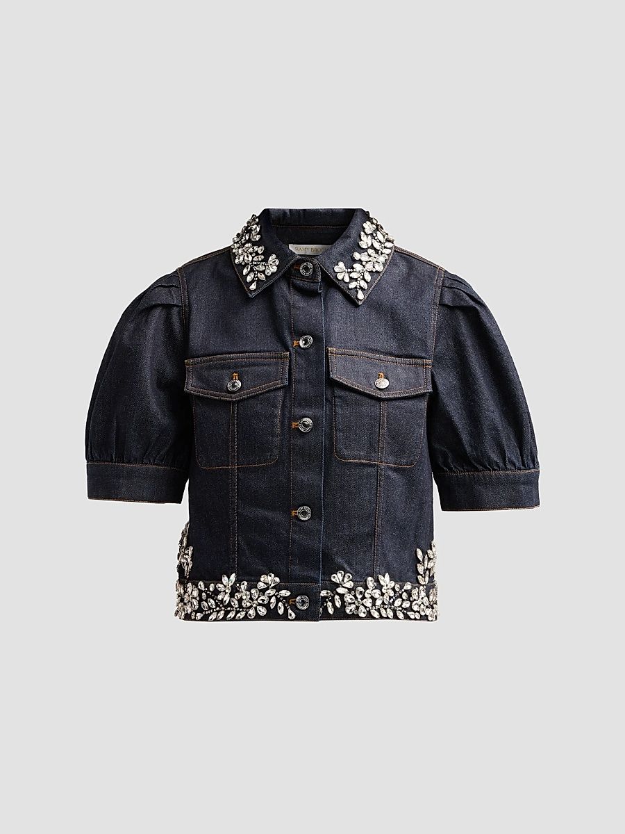 Women's Hailey Embellished Denim Crop Shirt - Dark Ink - Size XL