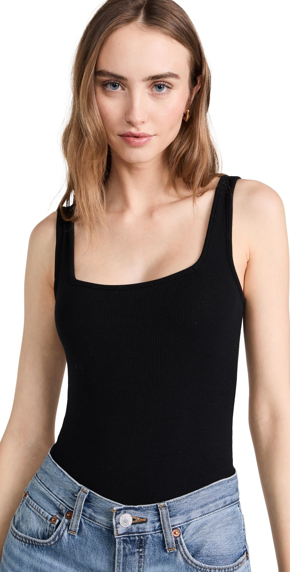 Ambitionist Ribbed Square Neck Tank Thong Bodysuit Black XXL